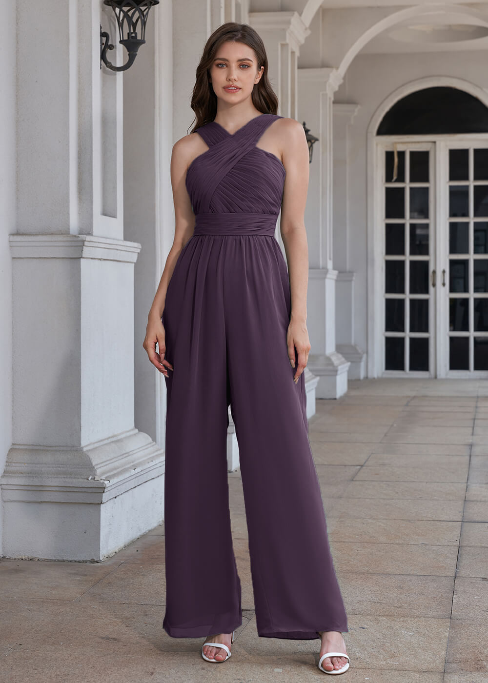 Halter Neck Pleated Chiffon Long Bridesmaid Jumpsuit