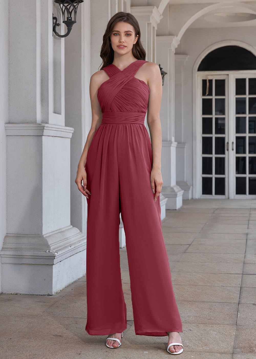 Halter Neck Pleated Chiffon Long Bridesmaid Jumpsuit