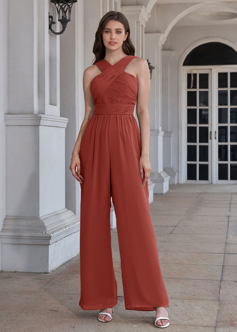 Halter Neck Pleated Chiffon Long Bridesmaid Jumpsuit