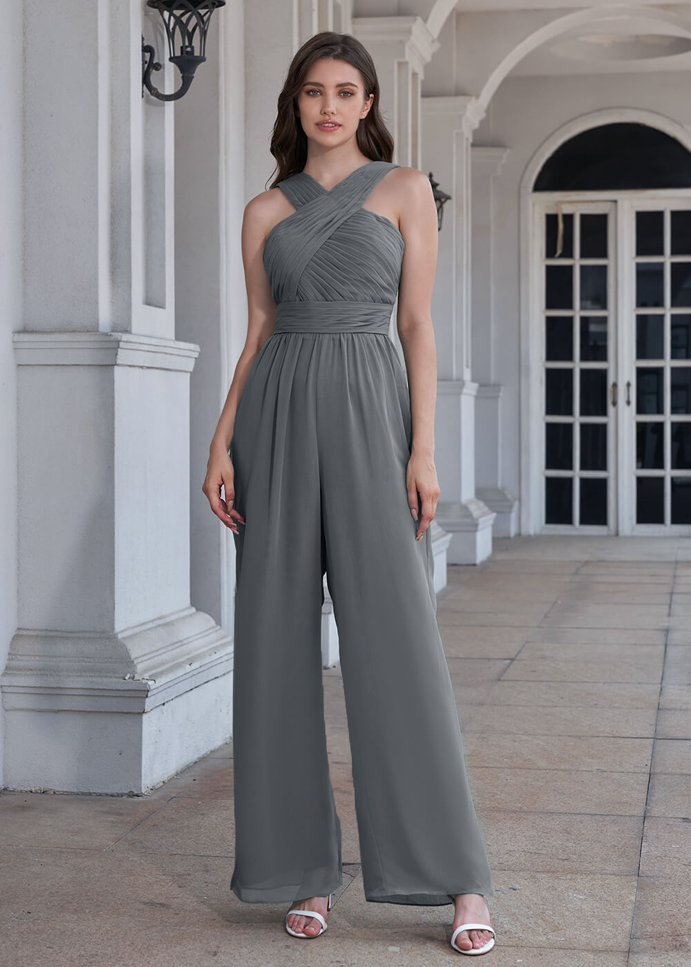 Halter Neck Pleated Chiffon Long Bridesmaid Jumpsuit