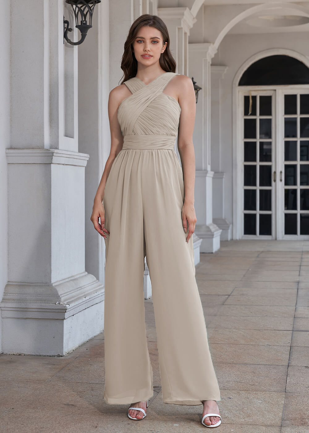 Halter Neck Pleated Chiffon Long Bridesmaid Jumpsuit
