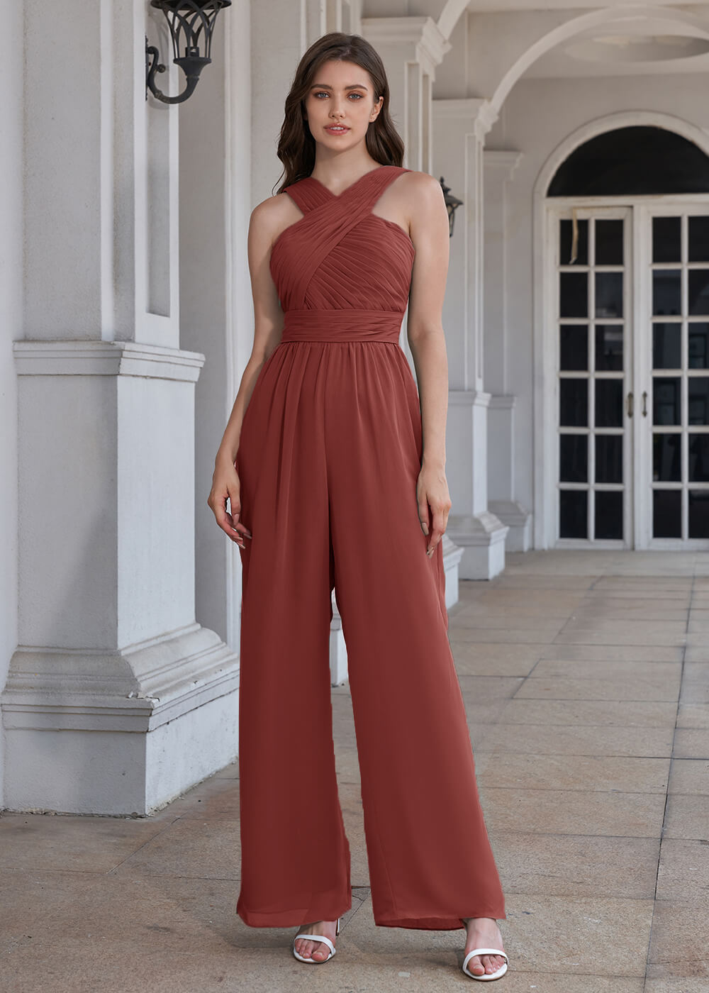 Halter Neck Pleated Chiffon Long Bridesmaid Jumpsuit
