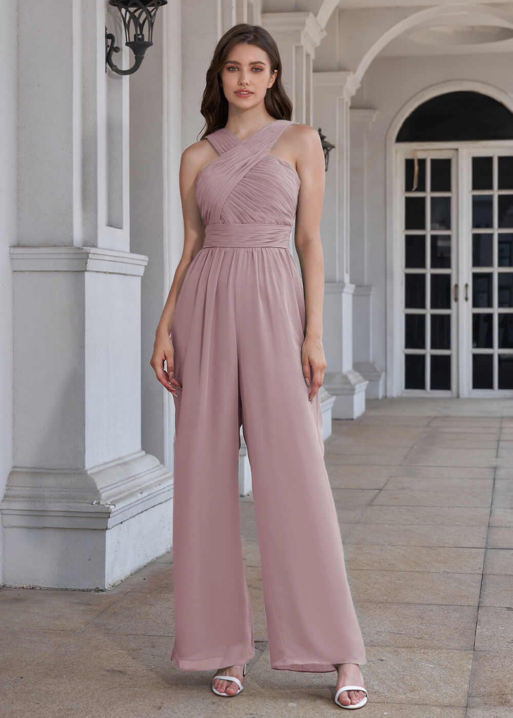 Halter Neck Pleated Chiffon Long Bridesmaid Jumpsuit