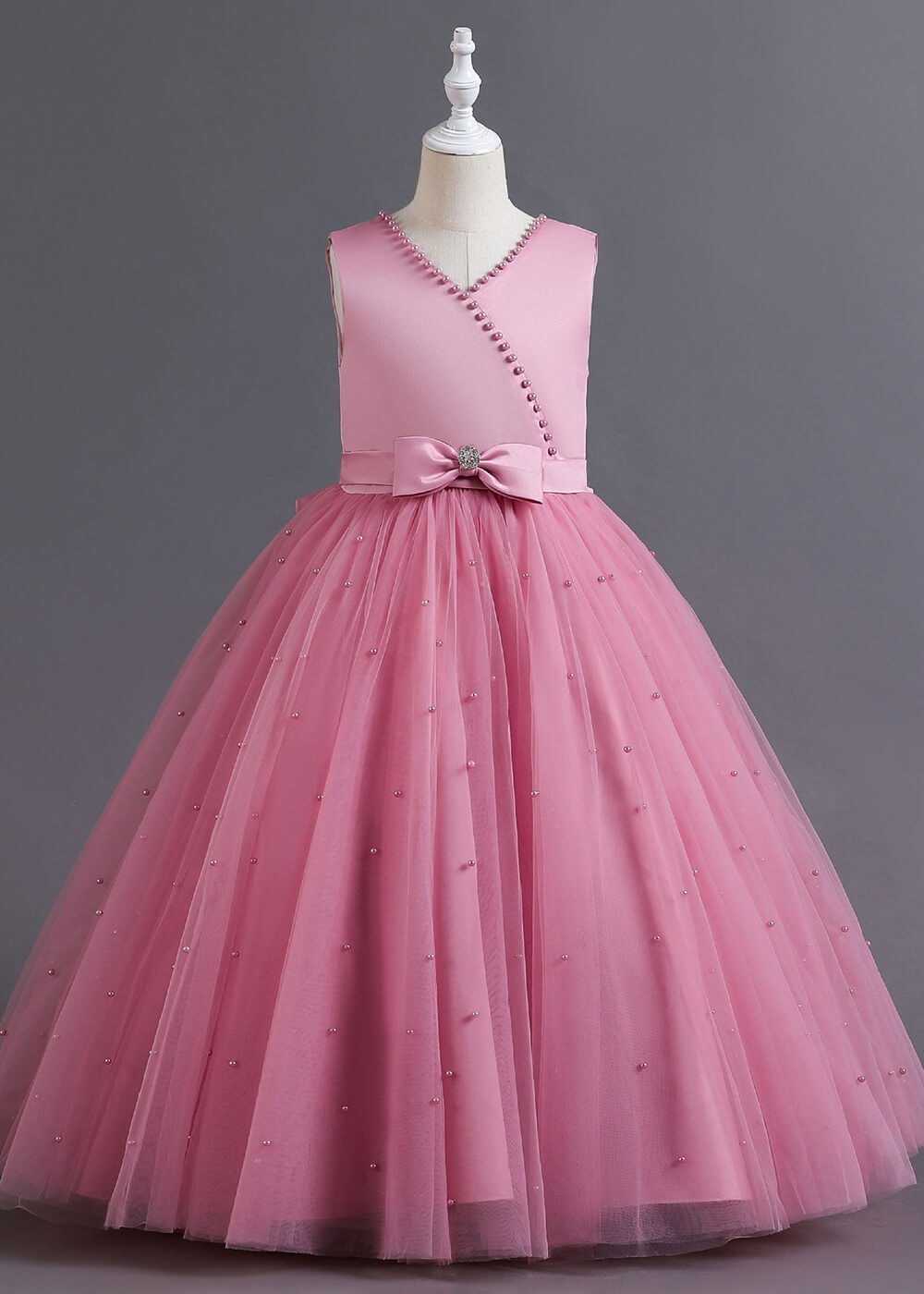 V-neck Tulle and Satin A-line Pearl Applicated Flower Girl Dress with Bow