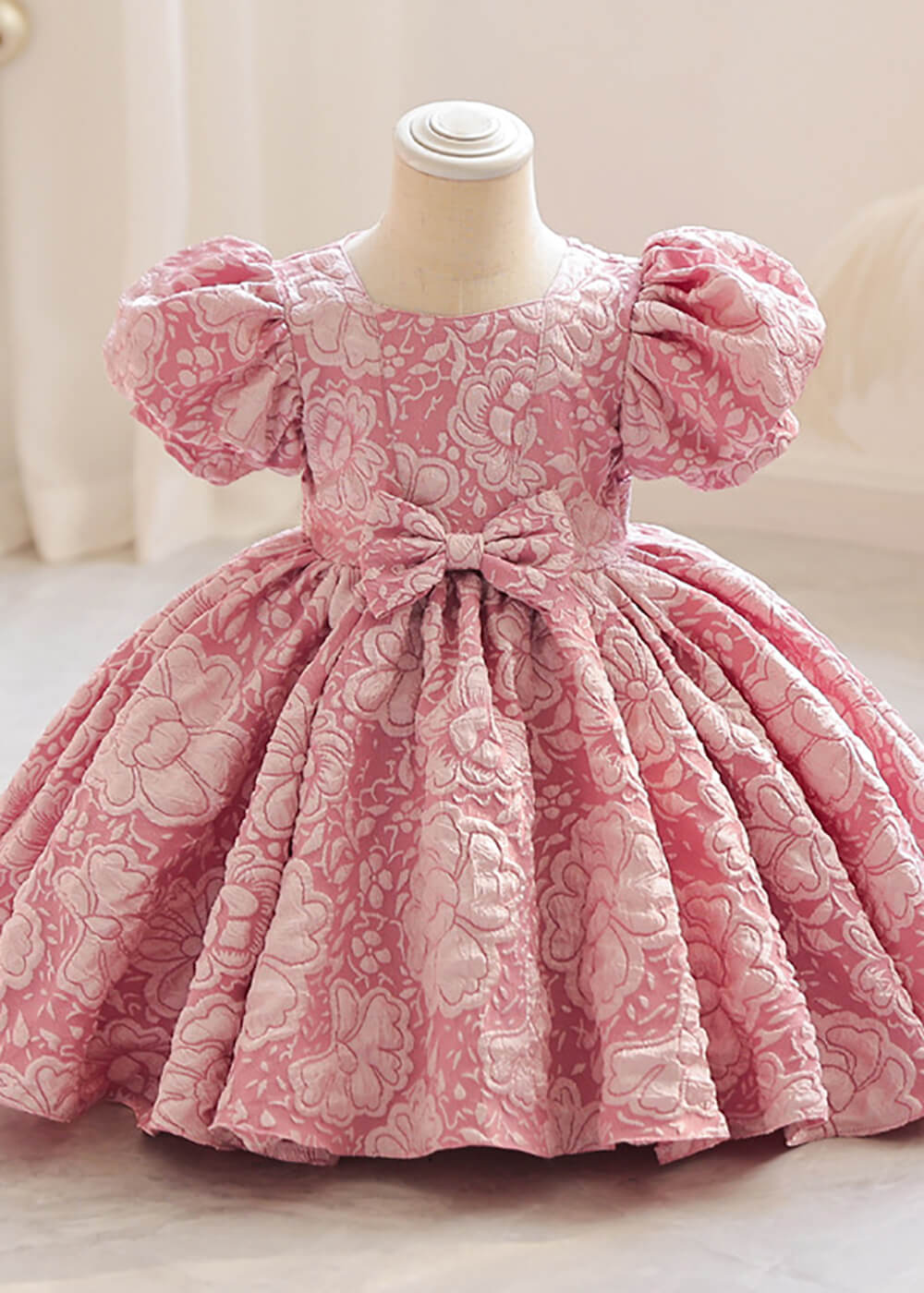 Square Neck Puff Sleeve Princess Printing Flower Girl Dress with Bow