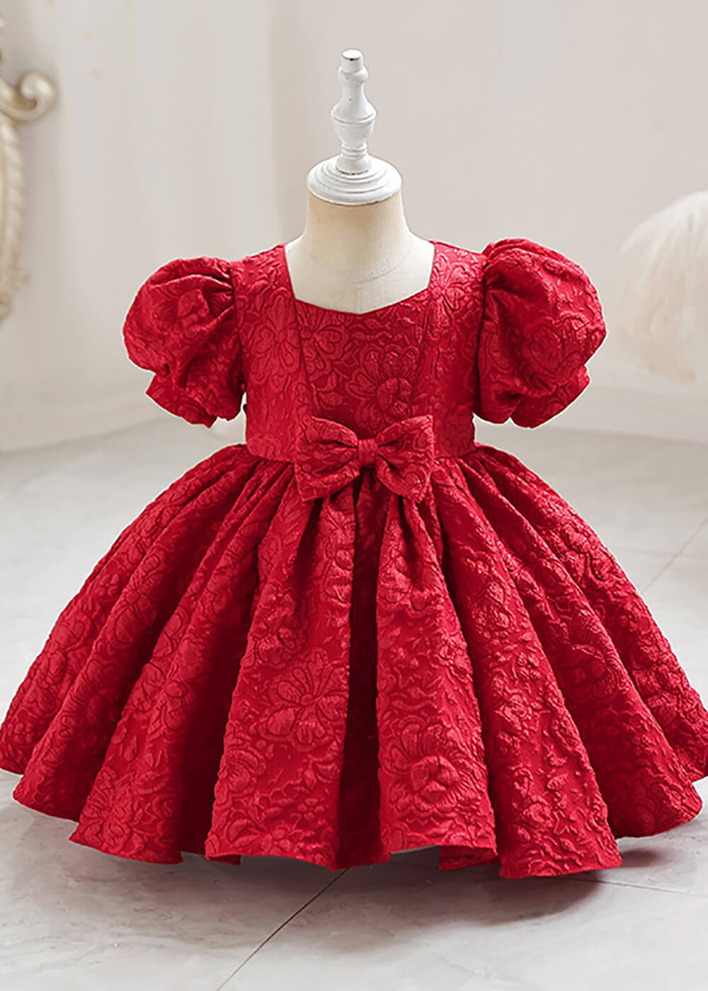 Square Neck Puff Sleeve Princess Printing Flower Girl Dress with Bow