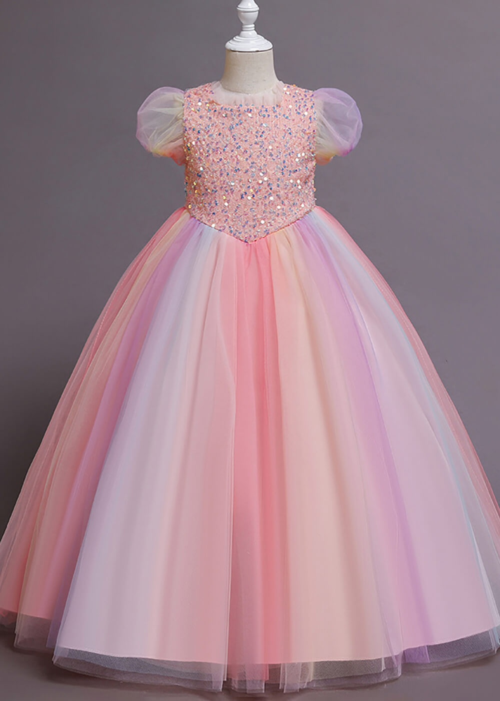 Pink Gradient Round Neck Sequin Tulle Princess Flower Girl Dress