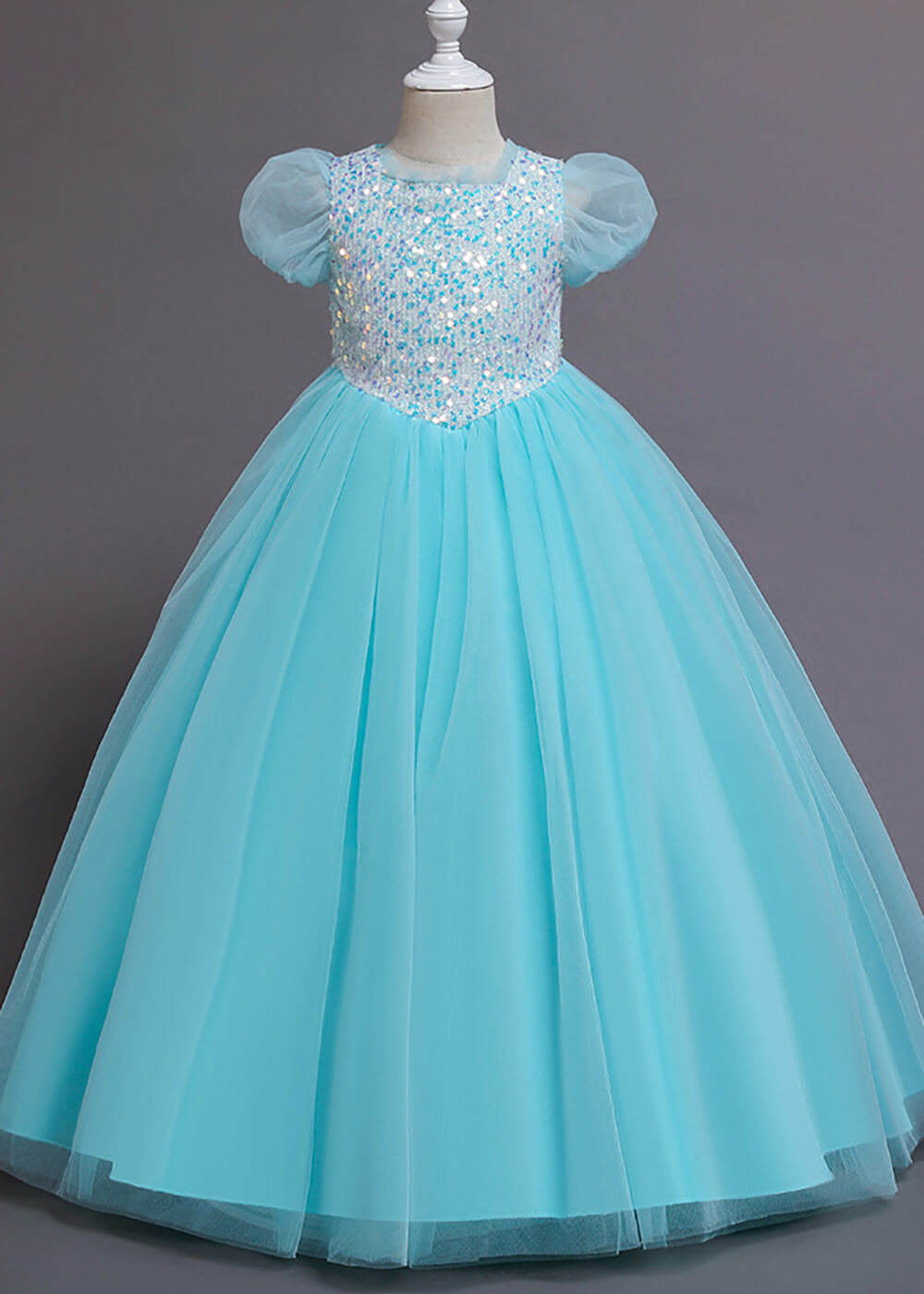 Round Neck Puff Sleeve Tulle Princess Flower Girl Dress