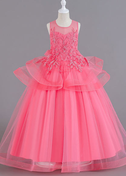 Illusion Neck Tulle Sleeveless A-line Appliques Long Flower Girl Dress