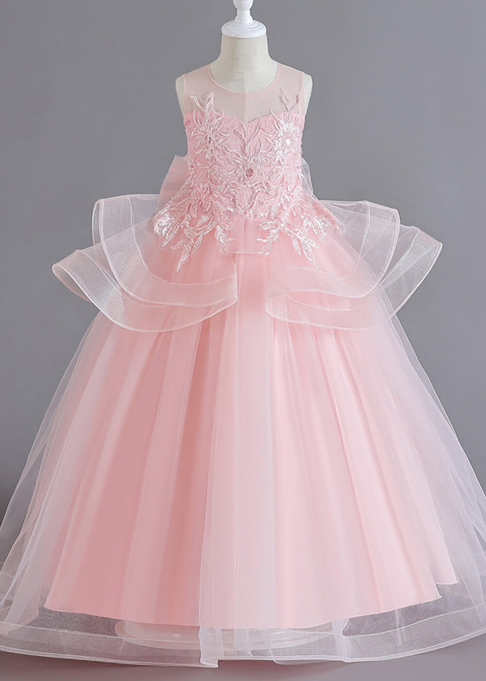 Illusion Neck Tulle Sleeveless A-line Appliques Long Flower Girl Dress