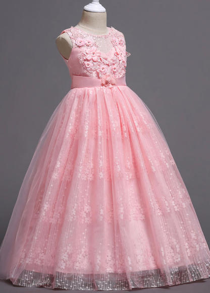 Round Neck A-Line Appliques Tulle Long Flower Girl Dress with Bow