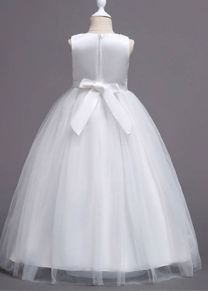 Round Neck A-Line Appliques Tulle Long Flower Girl Dress with Bow