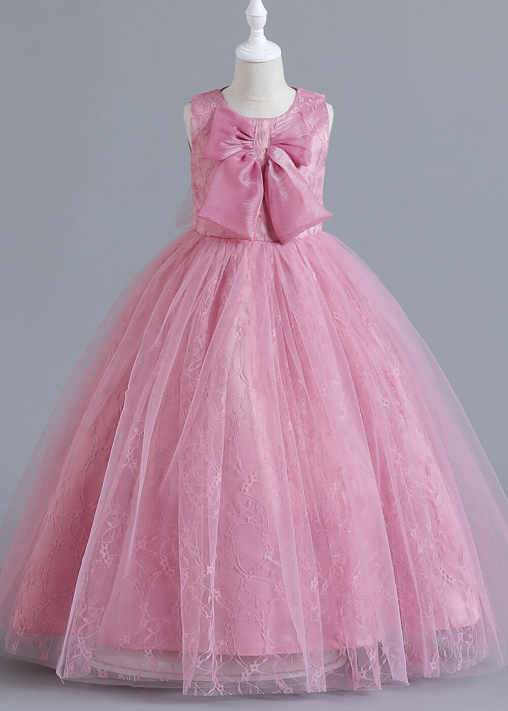 A-line Long Tulle Round Neck Sleeveless Flower Girl Dress With Bow