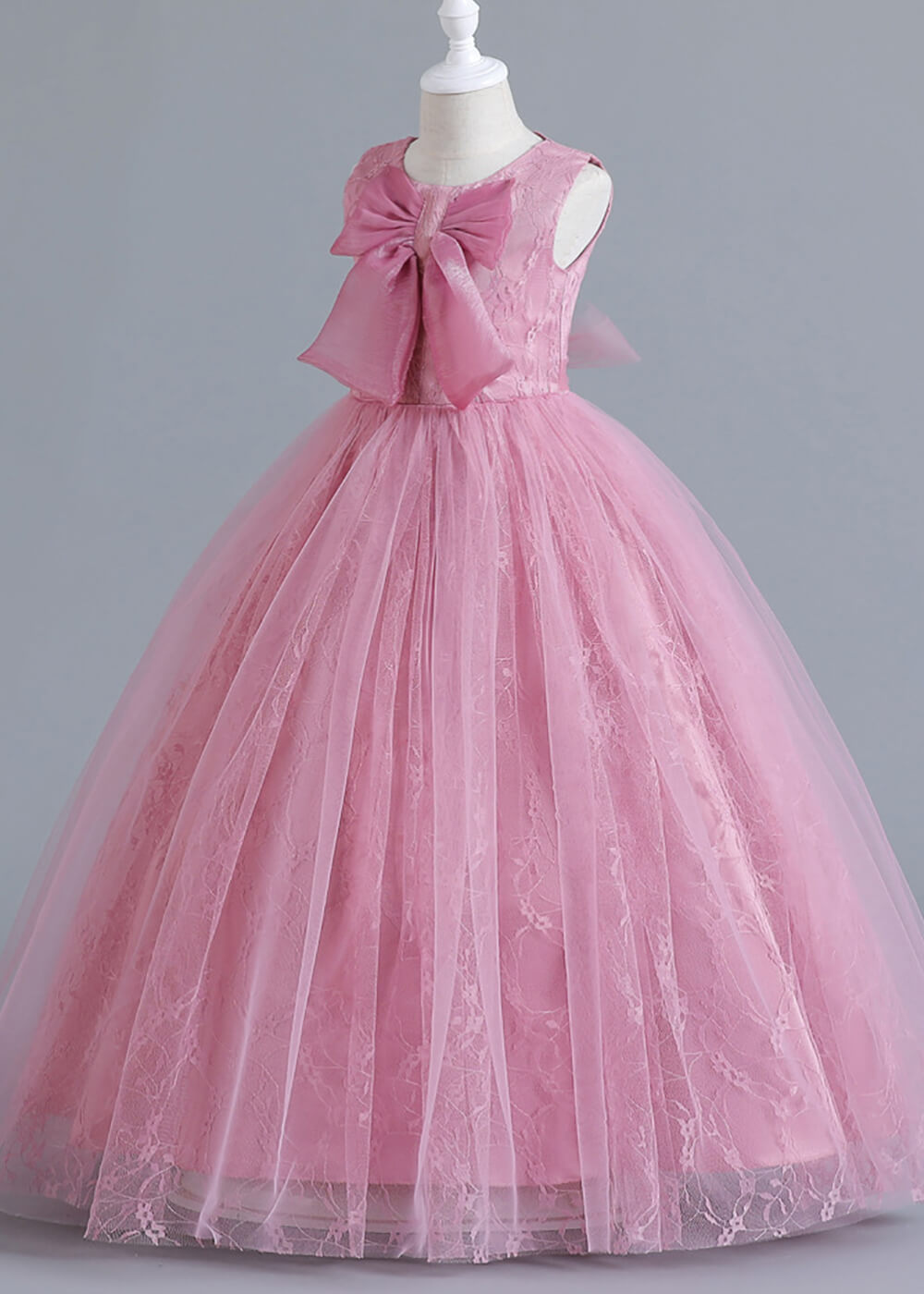 A-line Long Tulle Round Neck Sleeveless Flower Girl Dress With Bow