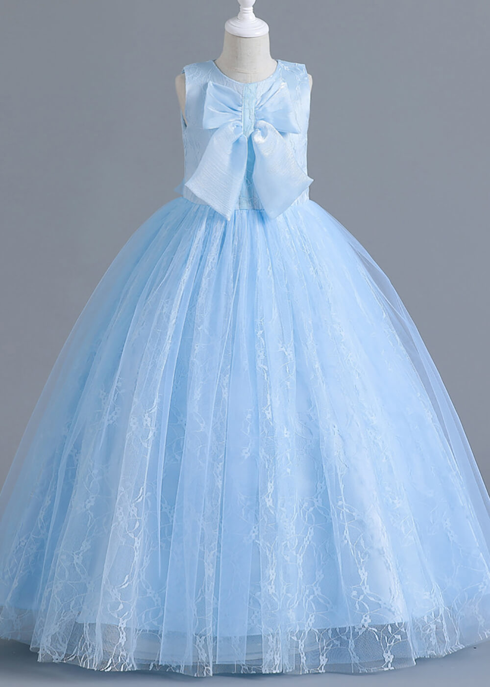 A-line Long Tulle Round Neck Sleeveless Flower Girl Dress With Bow