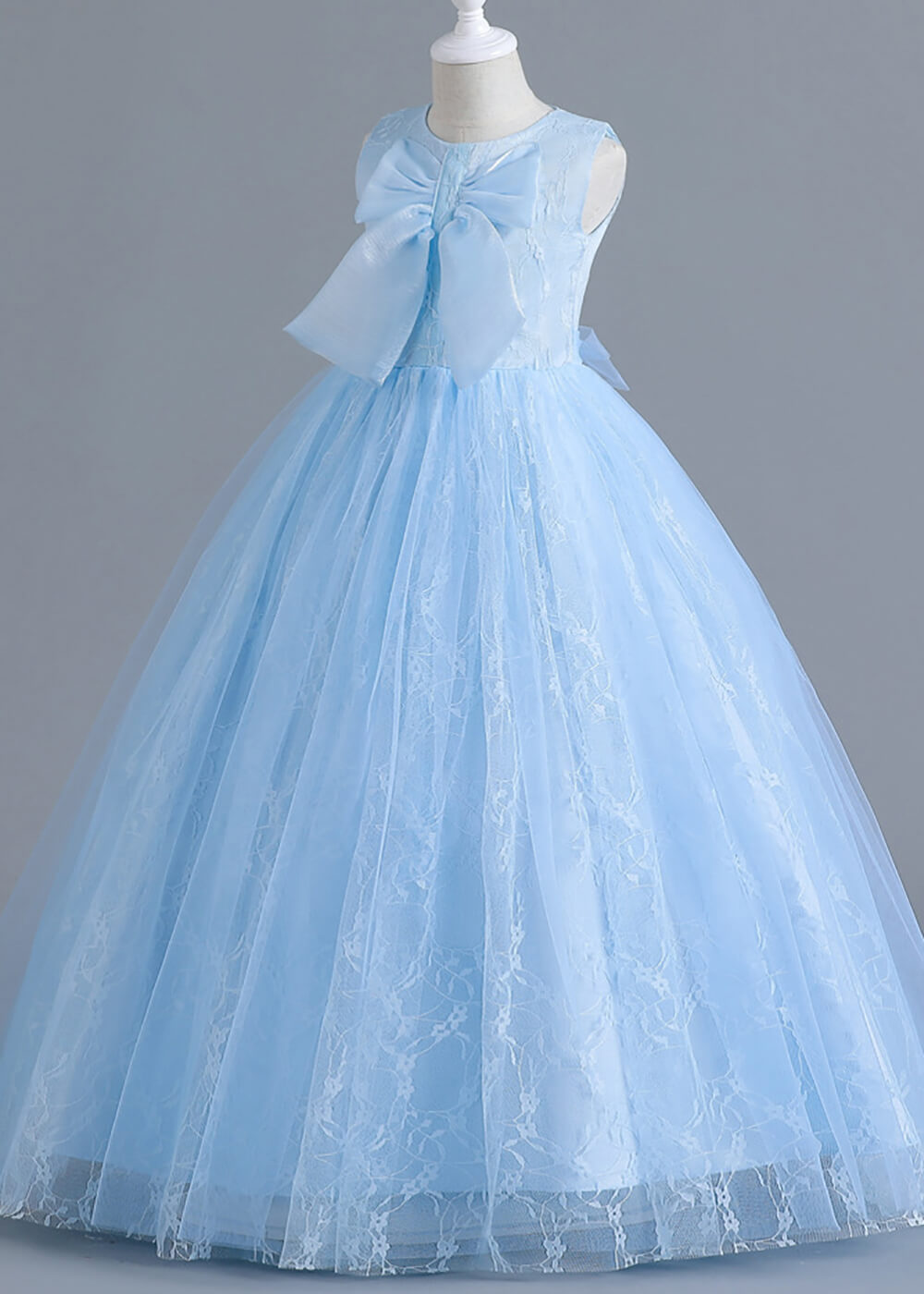 A-line Long Tulle Round Neck Sleeveless Flower Girl Dress With Bow
