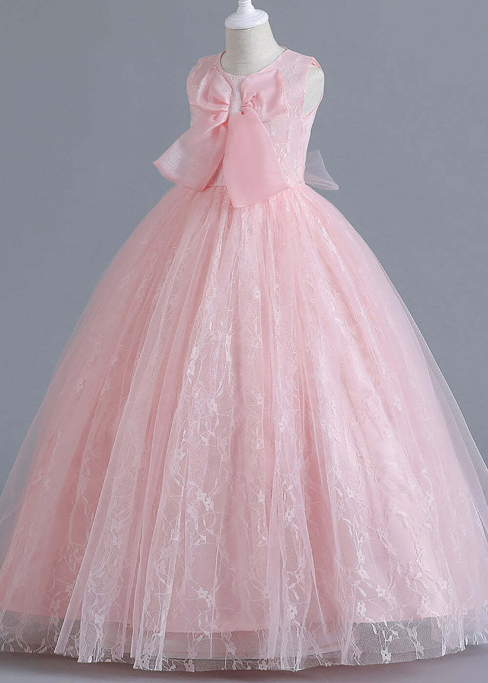 A-line Long Tulle Round Neck Sleeveless Flower Girl Dress With Bow