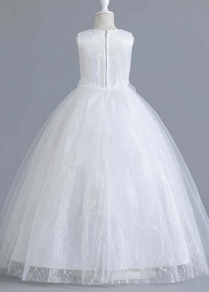 A-line Long Tulle Round Neck Sleeveless Flower Girl Dress With Bow