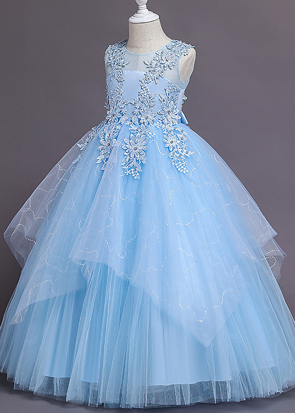 Illusion Neck V-back A-line Tulle Appliques Flower Girl Dress With Bow