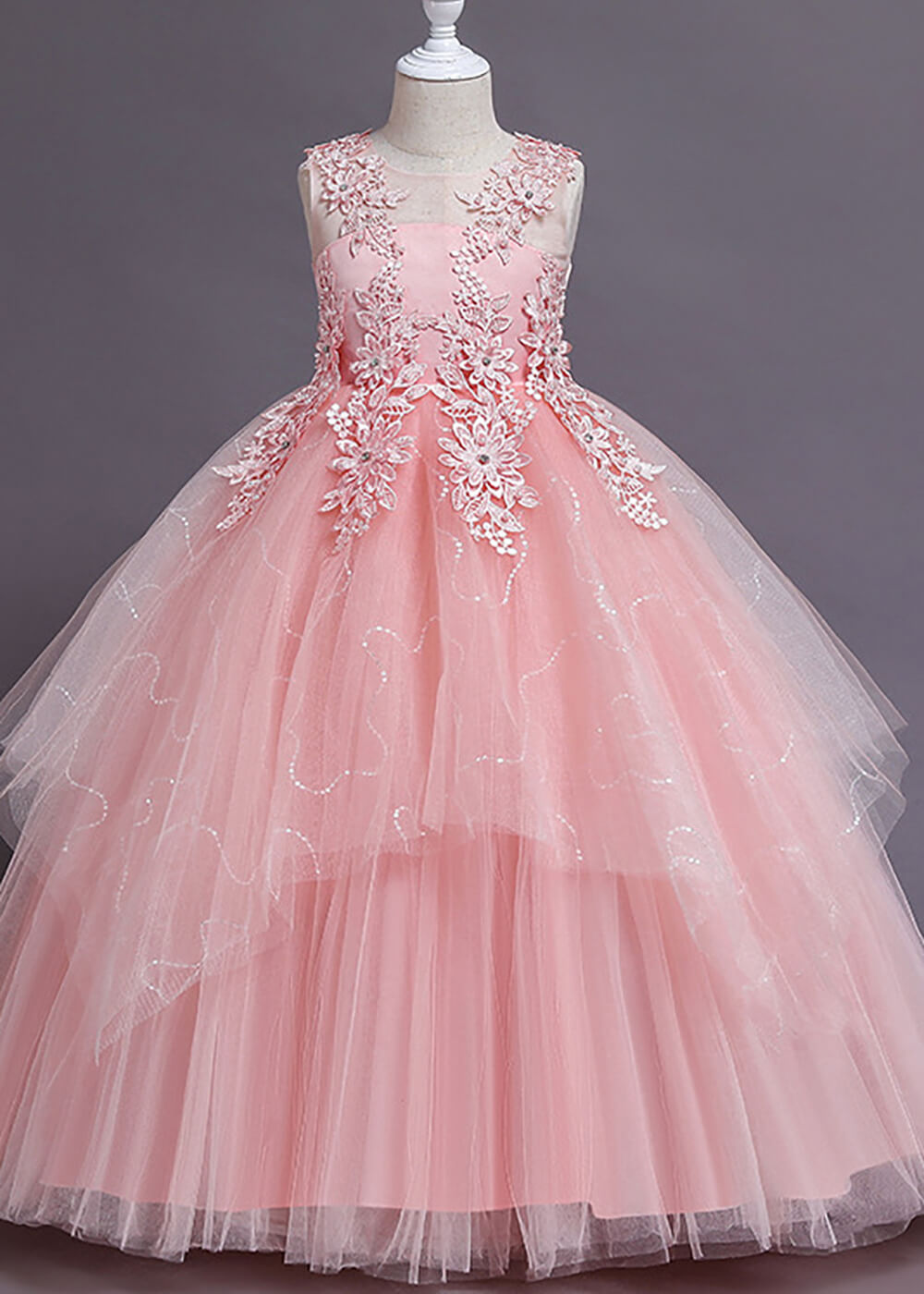Illusion Neck V-back A-line Tulle Appliques Flower Girl Dress With Bow