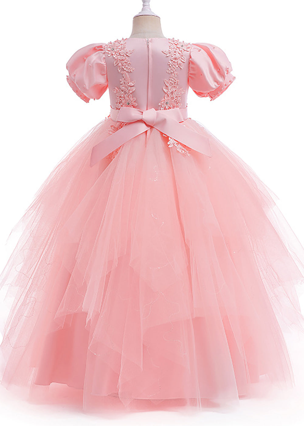 Puff Sleeves Round Neck Appliques Tulle A-line Flower Girl Dress