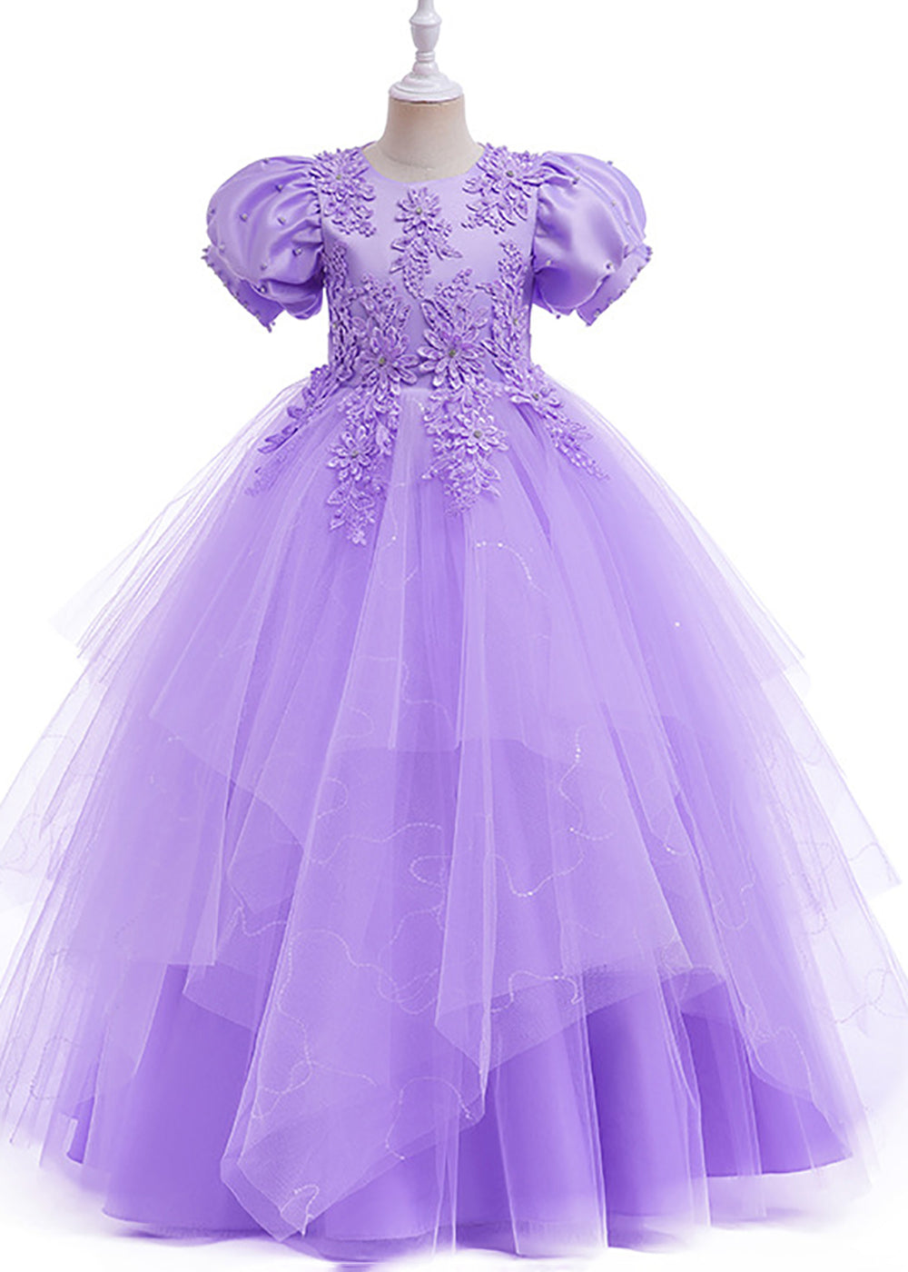 Puff Sleeves Round Neck Appliques Tulle A-line Flower Girl Dress