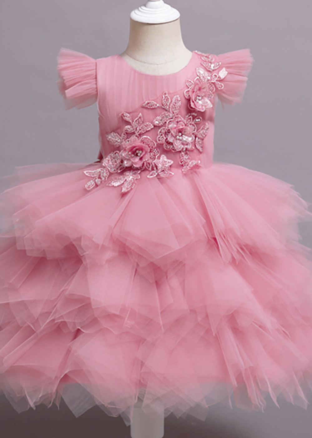 Dusty Rose Round Neck Appliques A-line Cap Sleeve Tulle Flower Girl Dress With Bow