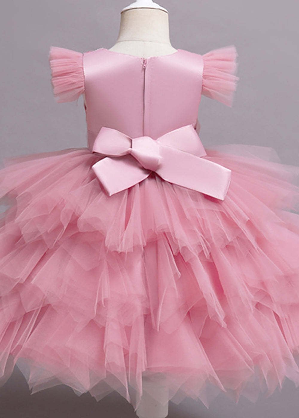 Dusty Rose Round Neck Appliques A-line Cap Sleeve Tulle Flower Girl Dress With Bow