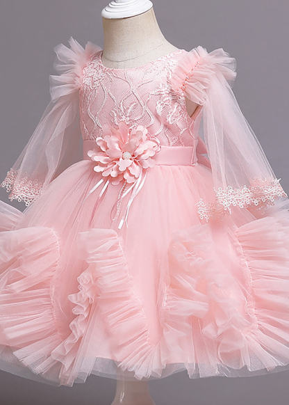 Long Sleeve A-line Round Neck Tulle Flower Girl Dress With Bow