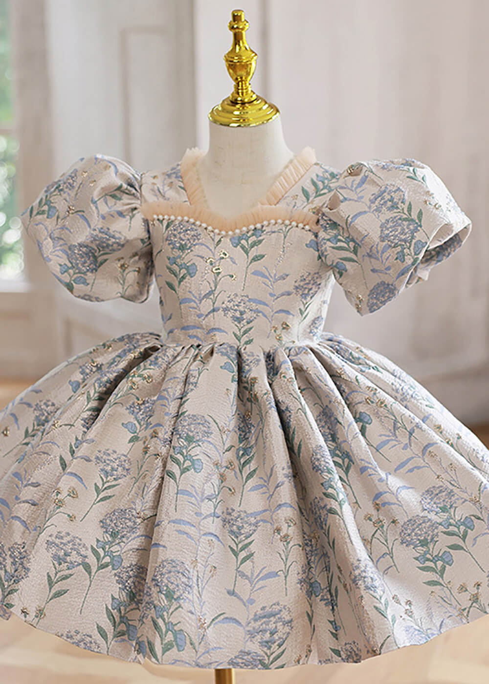 V-neck Puff Sleeve A-line Printing Midi Flower Girl Dress