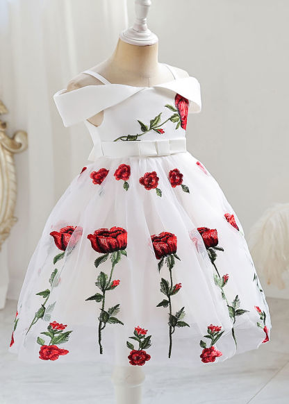 Rose Embroidery Off The Shoulder Tulle A-line Flower Girl Dress