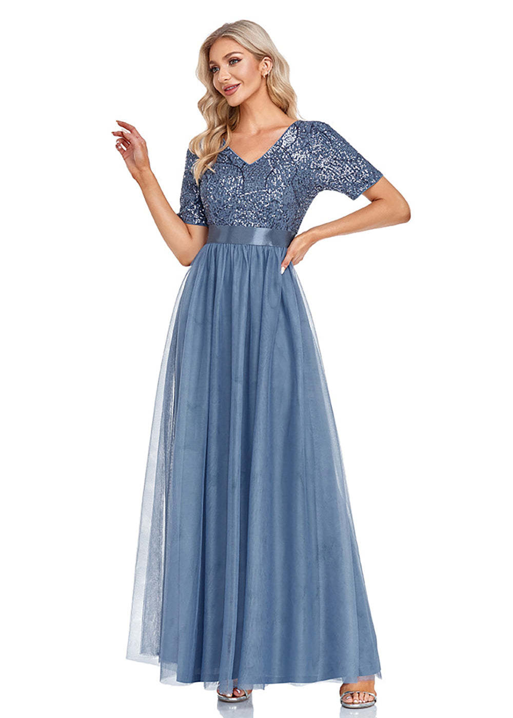 Blue Sequin and Tulle A-line V-neck Long Mother of the Bride Dress