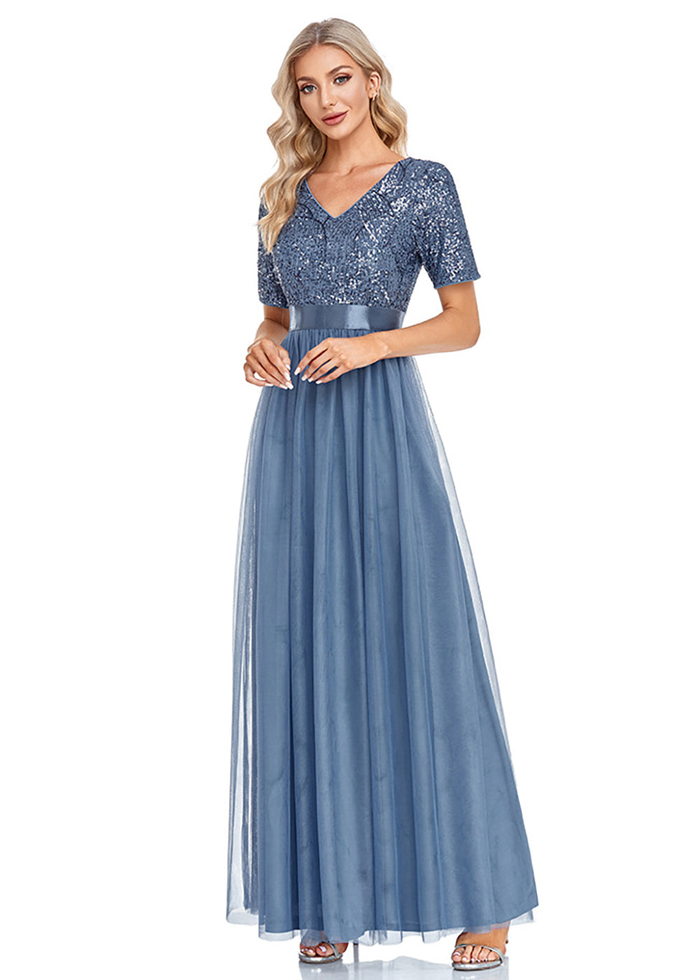 Blue Sequin and Tulle A-line V-neck Long Mother of the Bride Dress