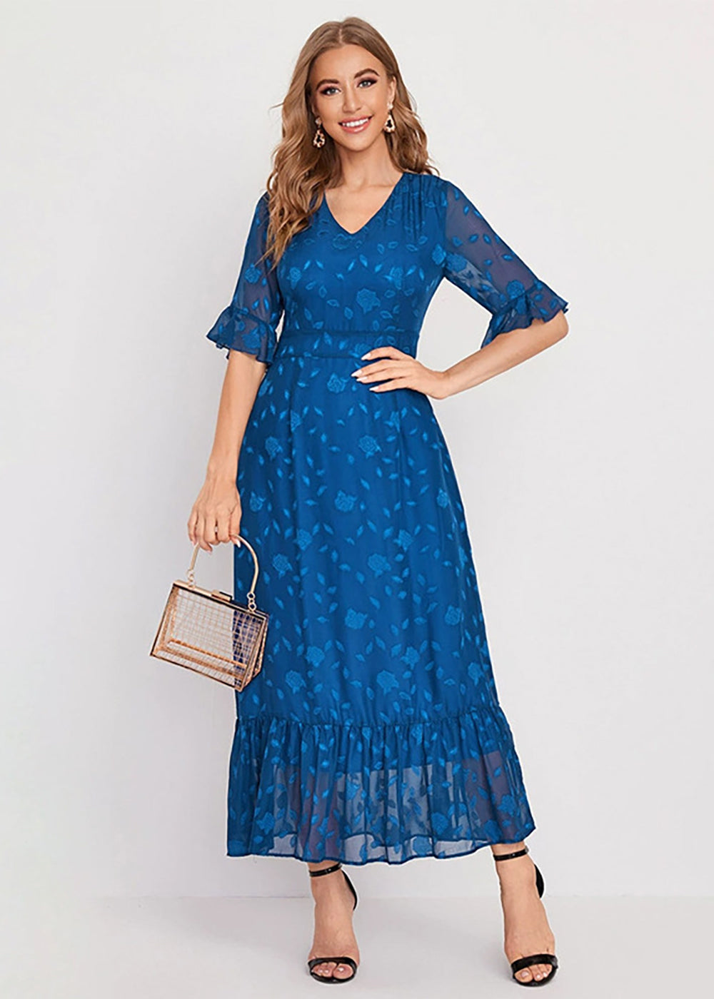 Blue Printing Chiffon Ankle Length A-line Short Sleeve Mother of the Bride Dress