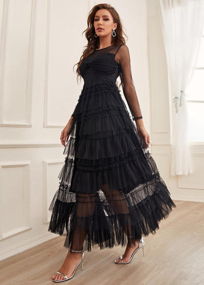 Black Tulle Long Sleeve Tiered Ankle Length Mother of the Bride Dress