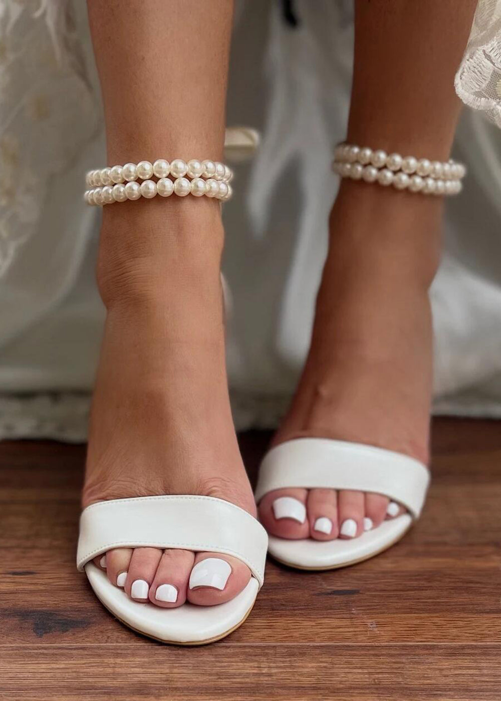 White Chunky Block Heel With Pearl Strap For Wedding