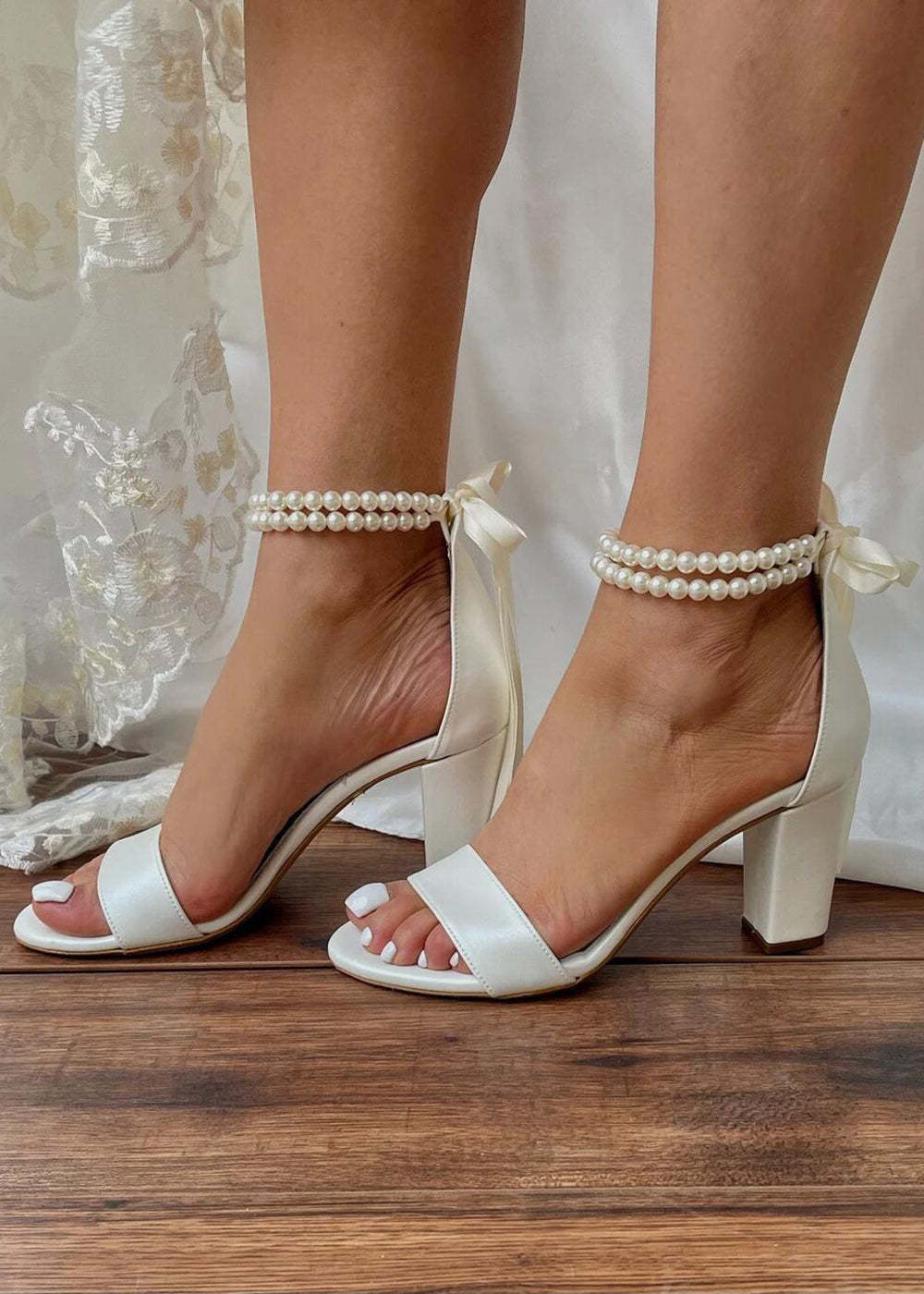 White Chunky Block Heel With Pearl Strap For Wedding
