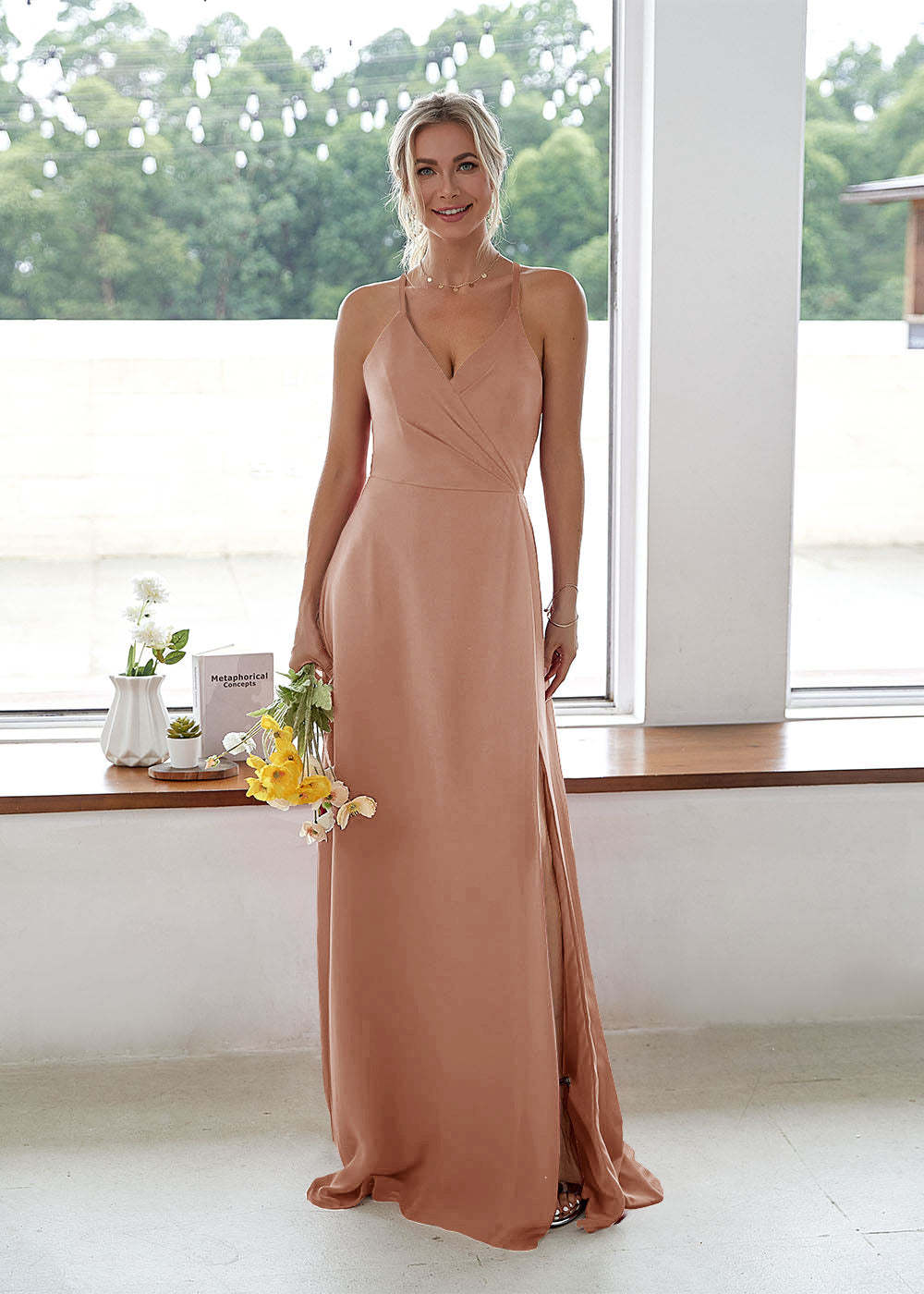 V-neck High Slit Bridesmaid Dress