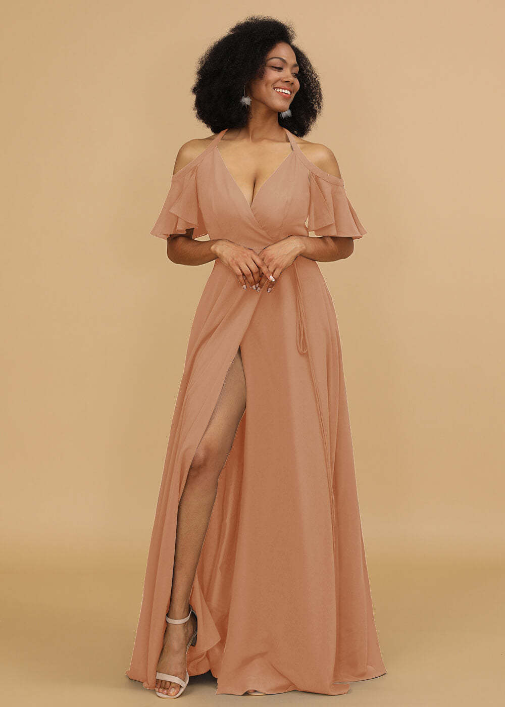Ruffles Sleeves A-line Wrap Bridesmaid Dress