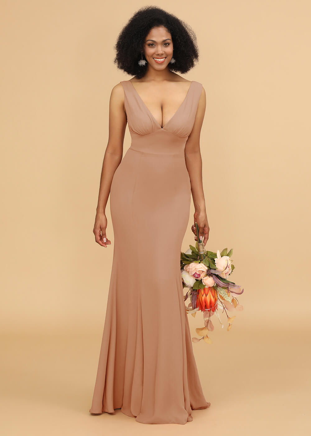 V-neck Trumpet Long Bridesmaid Dress