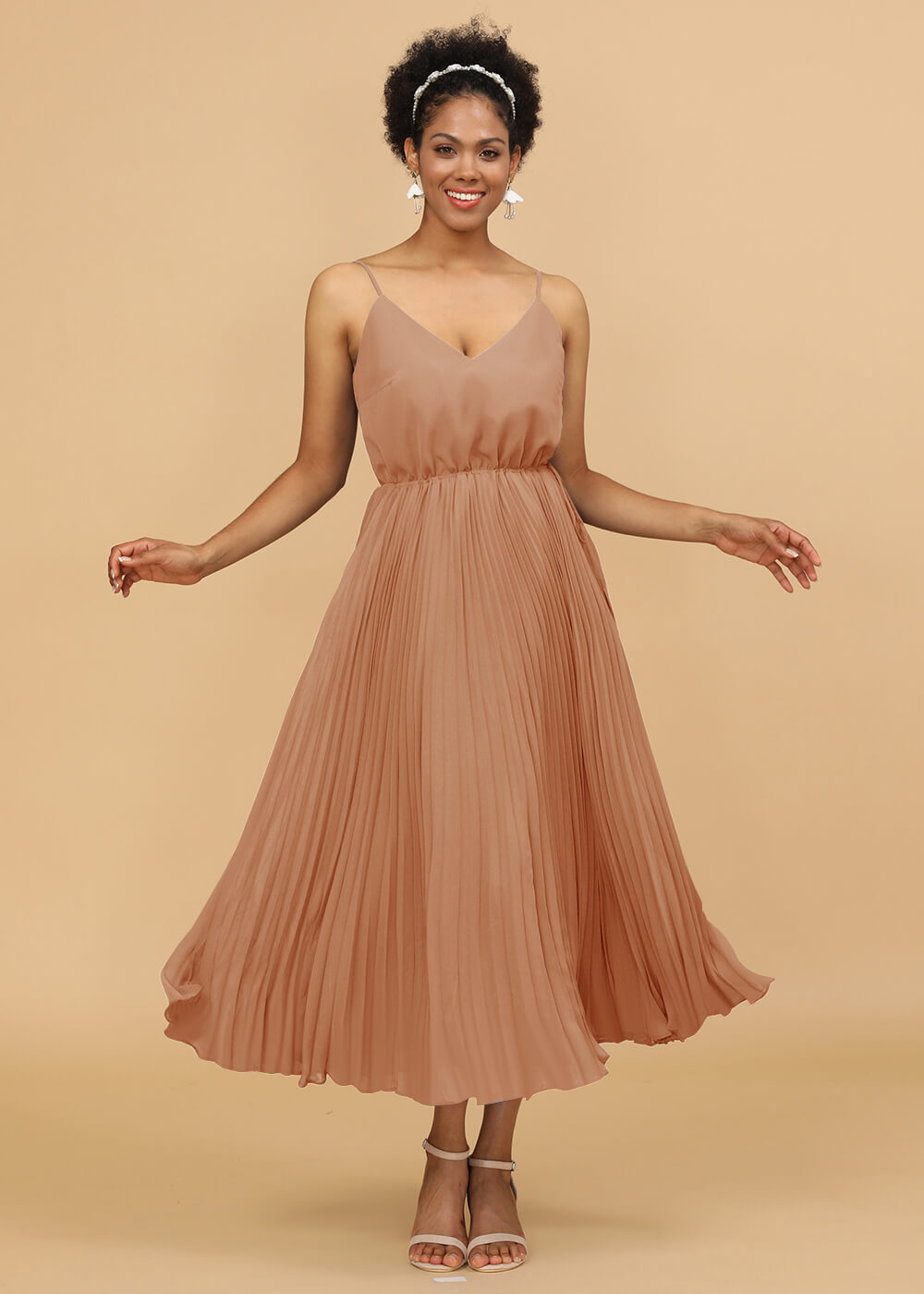 V-neck Spaghetti Strap Tea Length Bridesmaid Dress