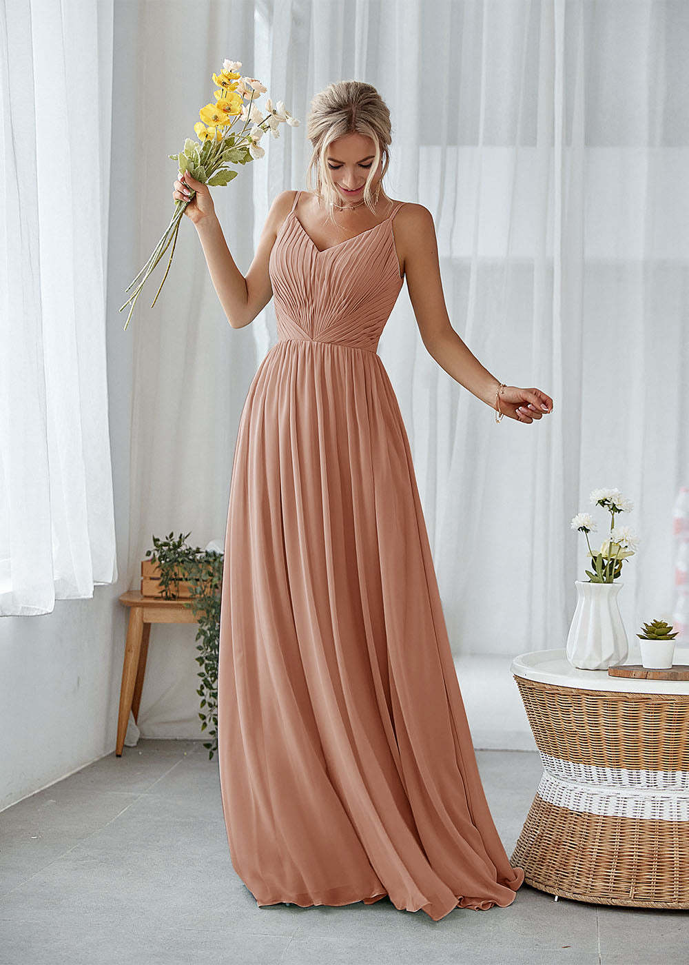 A-line V-neck Pleated Bridesmaid Dress