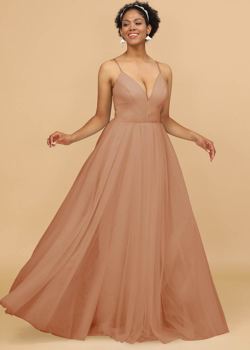 Deep V-neck Strap Tulle Bridesmaid Dress