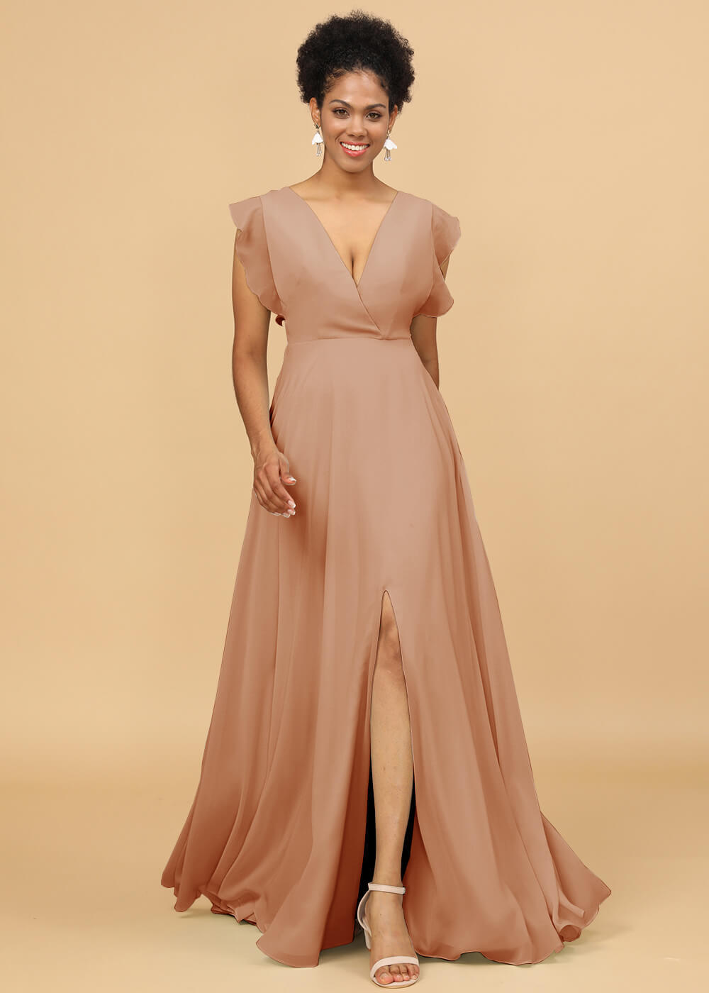V-neck Ruffles Cap Sleeve Chiffon Bridesmaid Dress