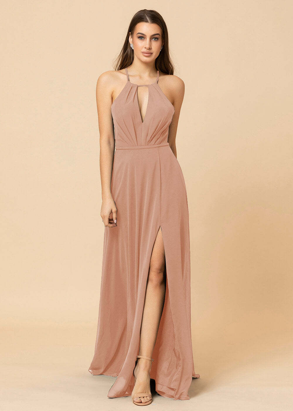 Halter Neck Chiffon Floor Length Bridesmaid Dress