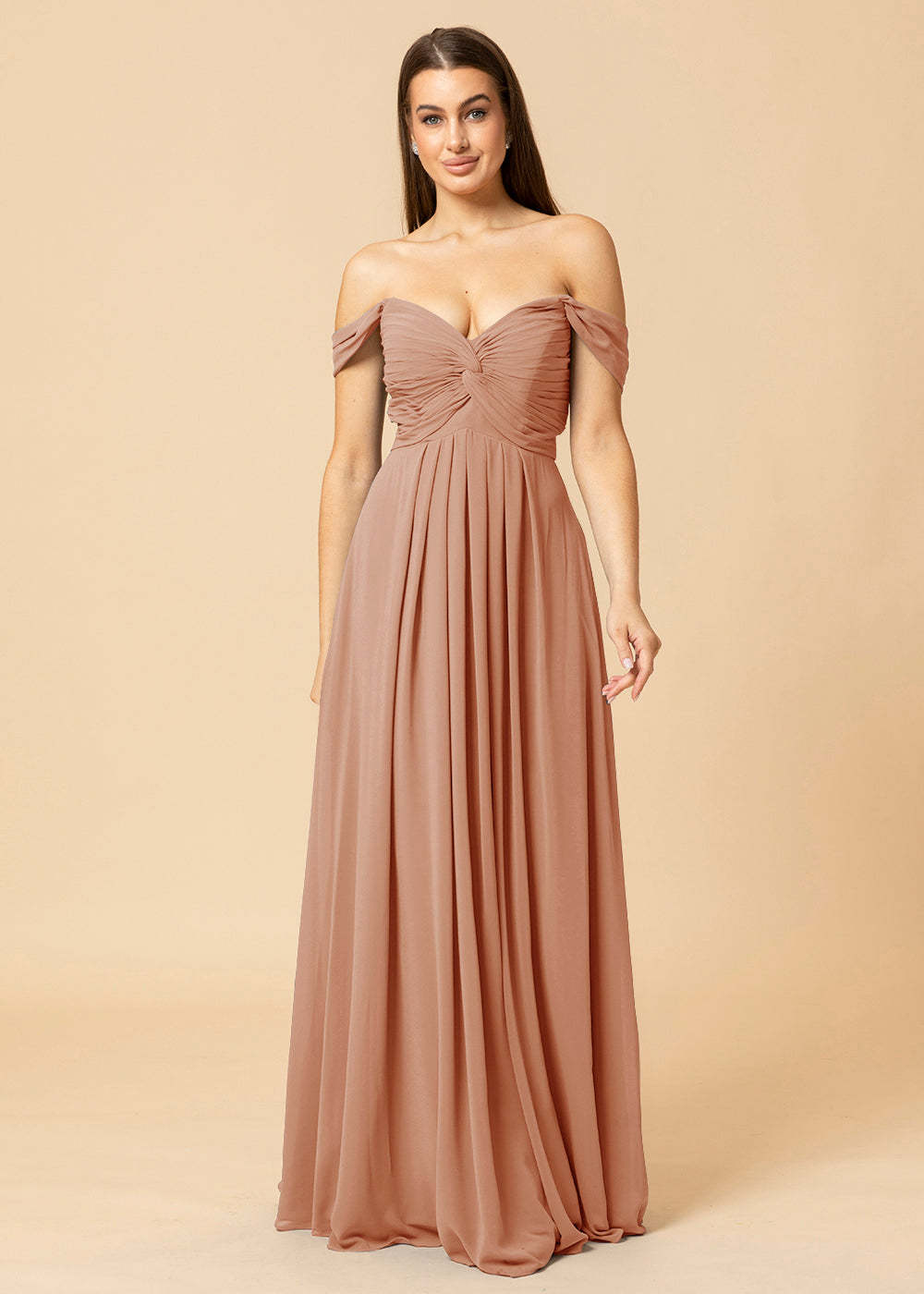 Off the Shoulder Chiffon Maxi Bridesmaid Dress