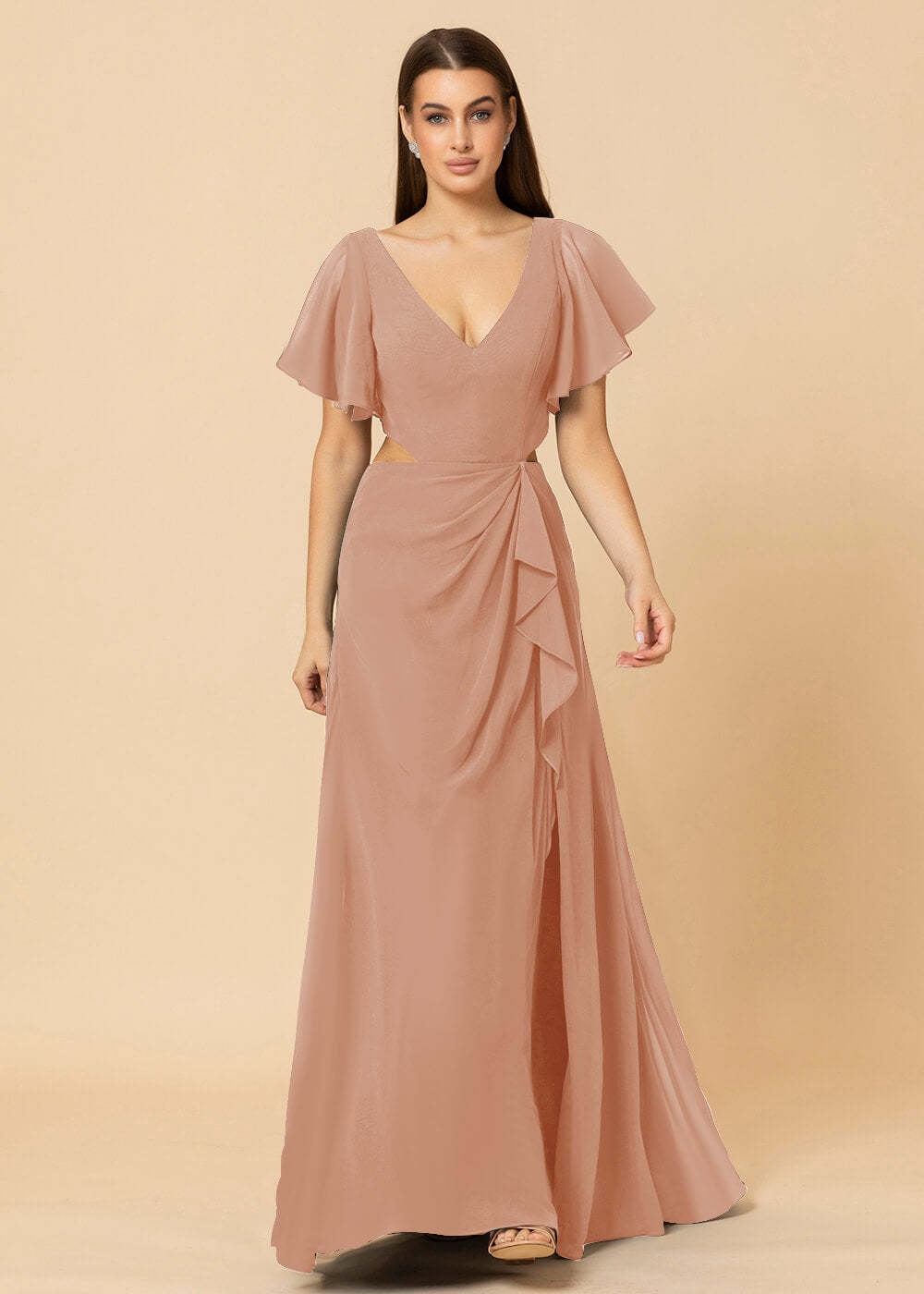 V-neck Waist Cut Out Floor Length Bridesmaid Dress