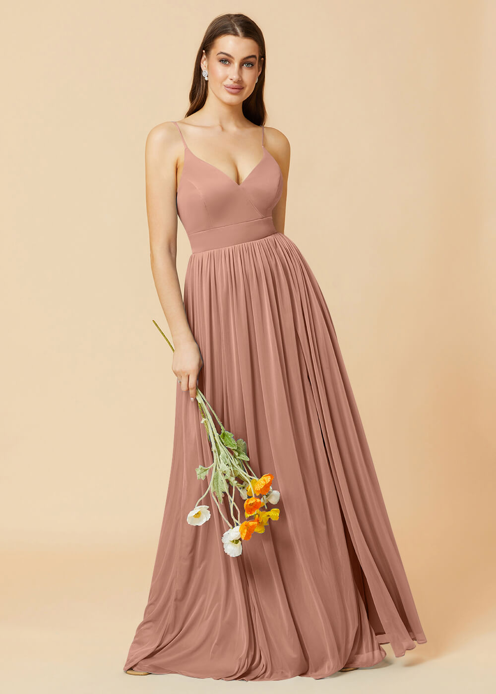 V-neck Spaghetti Strap Open Back Chiffon Bridesmaid Dress