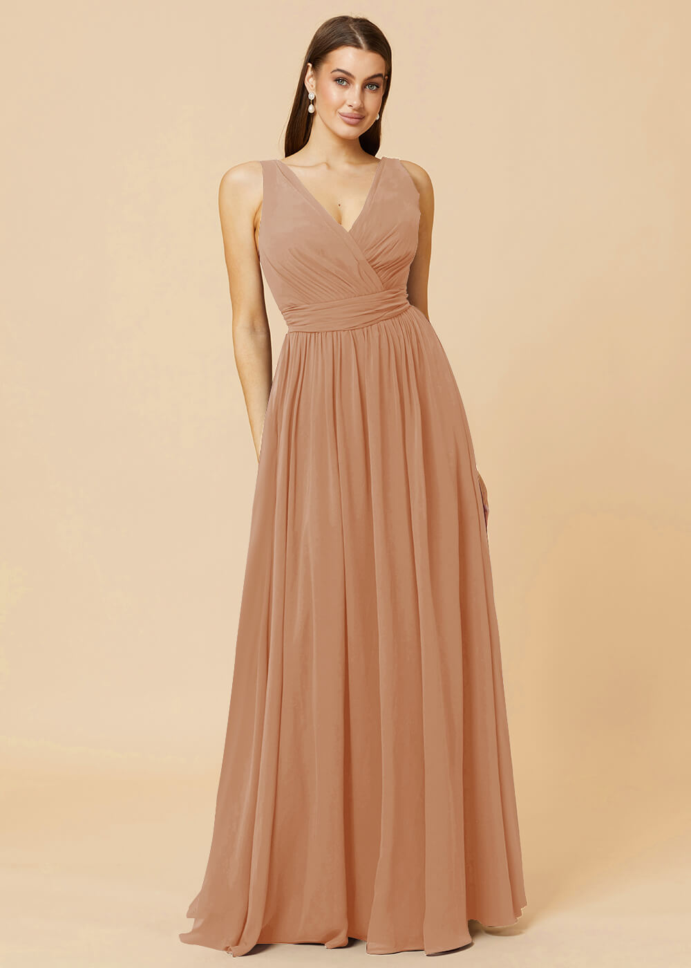 V-neck Pleated Tie Back Chiffon Bridesmaid Dress
