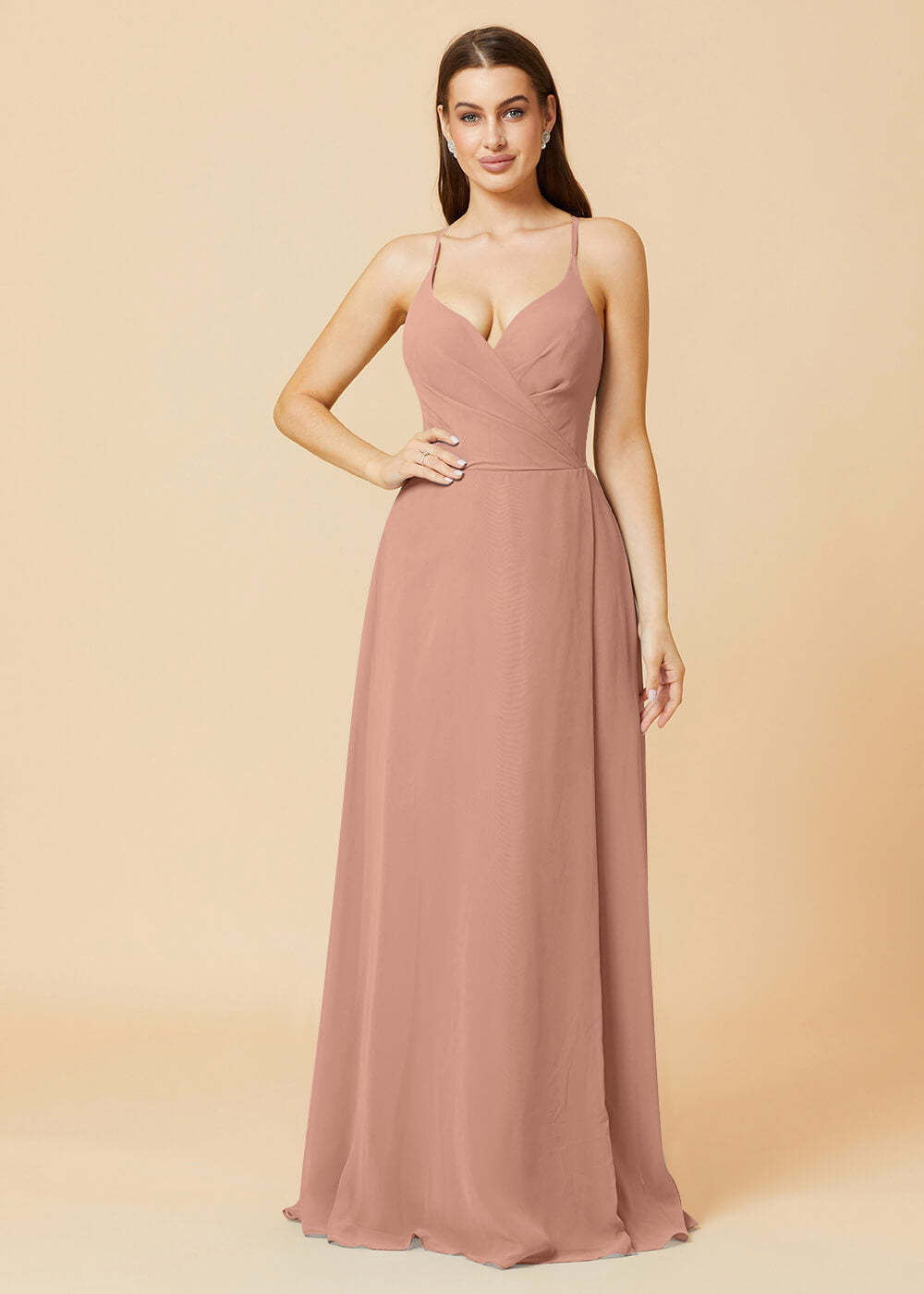 V-neck Spaghetti Strap Button Back Chiffon Bridesmaid Dress